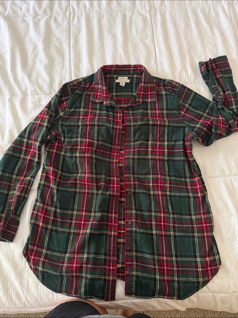 L.L. Bean Red and Dark Green Plaid Button-Up